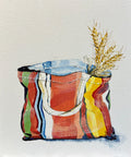 Painting of Colourful Striped Tote Bag Painted in Acrylic on Canvas Board roslynmary art.