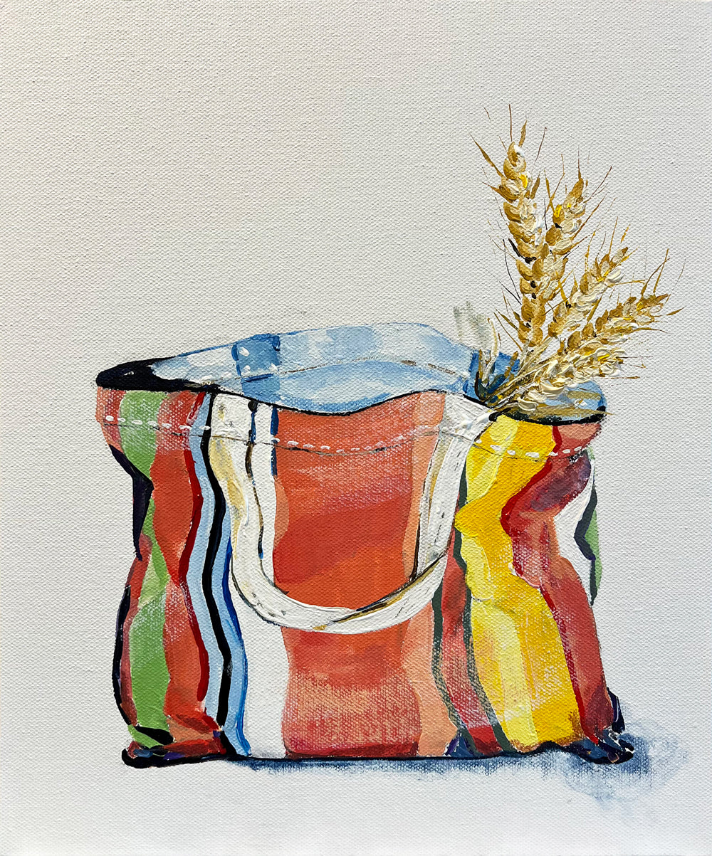Painting of Colourful Striped Tote Bag Painted in Acrylic on Canvas Board roslynmary art.
