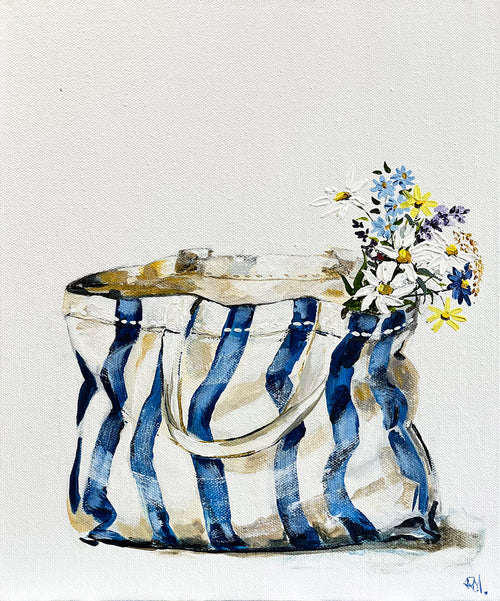 Painting of Blue and White Striped Tote Bag Painted in Acrylic on Canvas Board roslynmary art.