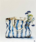 Painting of Blue and White Striped Tote Bag Painted in Acrylic on Canvas Board roslynmary art.