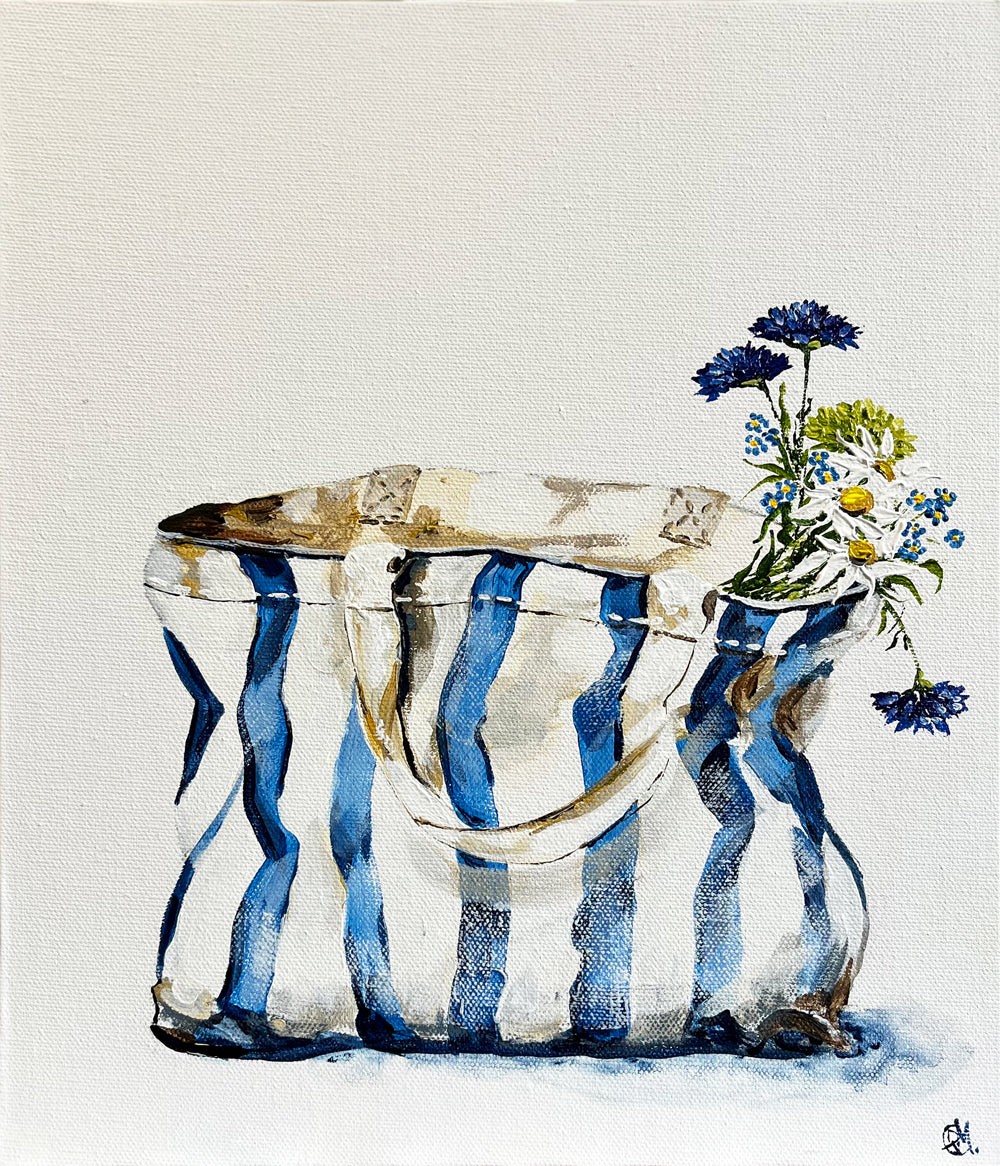 Painting of Blue and White Striped Tote Bag Painted in Acrylic on Canvas Board roslynmary art.