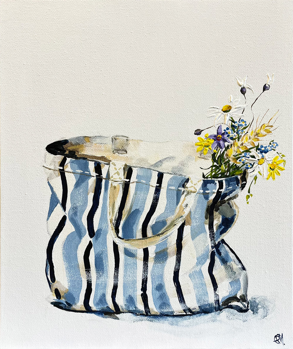 Painting of Blue and White Striped Tote Bag Painted in Acrylic on Canvas Board roslynmary art.