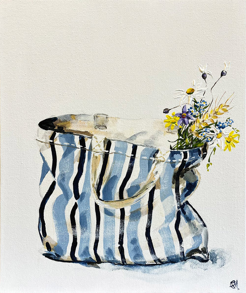 Painting of Blue and White Striped Tote Bag Painted in Acrylic on Canvas Board roslynmary art.
