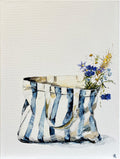 Painting of Blue and White Striped Tote Bag Painted in Acrylic on Stretched Canvas roslynmary art.