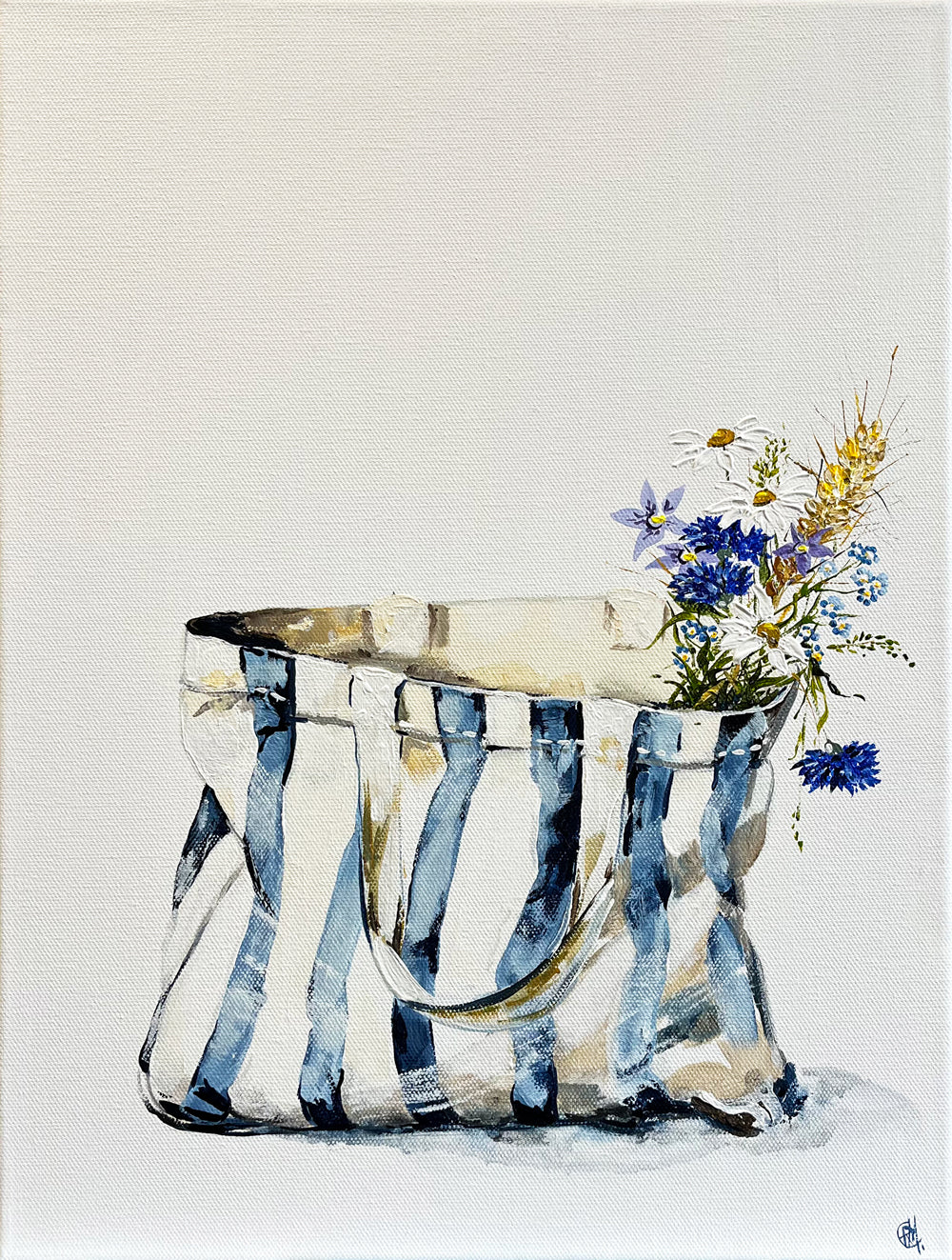 Painting of Blue and White Striped Tote Bag Painted in Acrylic on Stretched Canvas roslynmary art.