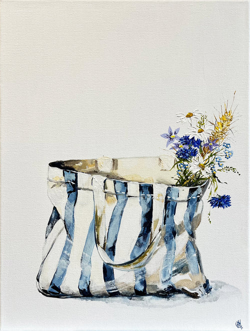 Painting of Blue and White Striped Tote Bag Painted in Acrylic on Stretched Canvas roslynmary art.