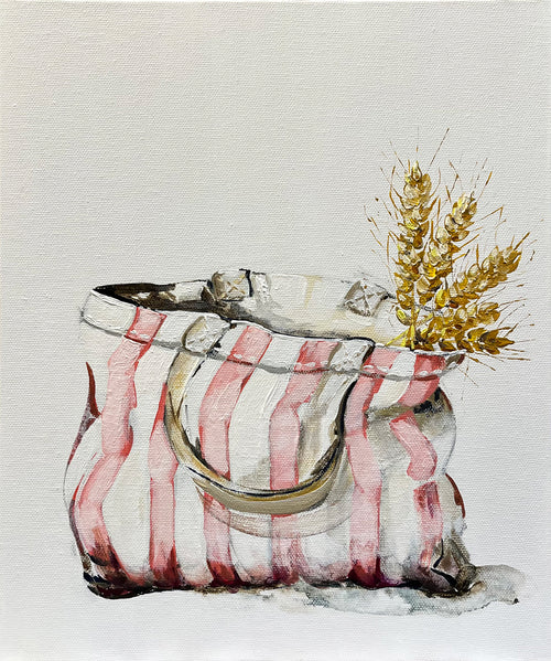 Painting of Pink and White Striped Tote Bag Painted in Acrylic on Canvas Board roslynmary art.