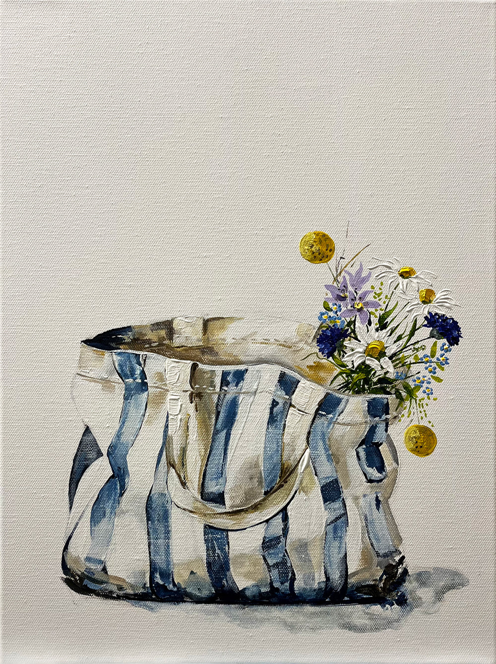 Painting of Blue and White Striped Tote Bag Painted in Acrylic on Stretched Canvas roslynmary art.