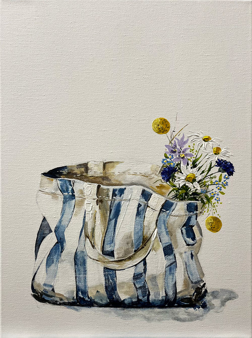 Painting of Blue and White Striped Tote Bag Painted in Acrylic on Stretched Canvas roslynmary art.
