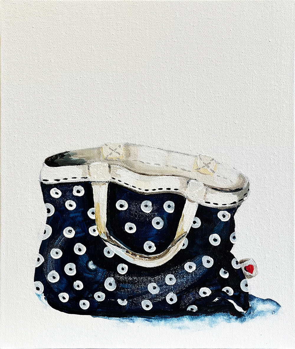 Painting of Spotty Tote Bag Painted in Acrylic on Canvas Board roslynmary art.