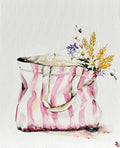 Painting of Pink and White Striped Tote Bag Painted in Acrylic on Canvas Board roslynmary art.