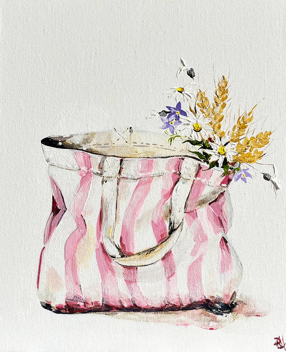 Painting of Pink and White Striped Tote Bag Painted in Acrylic on Canvas Board roslynmary art.