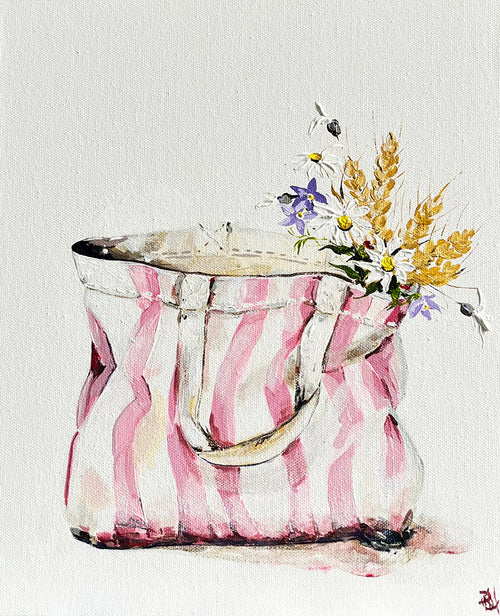 Painting of Pink and White Striped Tote Bag Painted in Acrylic on Canvas Board roslynmary art.