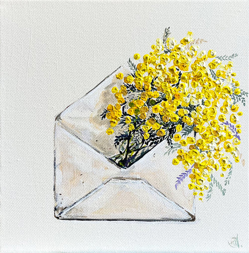 Painting of Golden Wattle in Envelope Painted in Acrylic on Stretched Cotton Canvas roslynmary art.