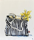Painting of Navy and White Striped Tote Bag Painted in Acrylic on Canvas Board roslynmary art.