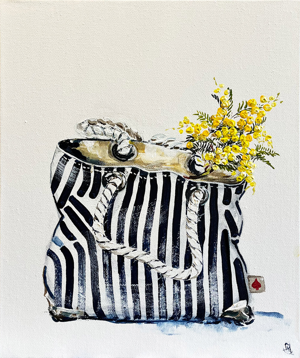 Painting of Navy and White Striped Tote Bag Painted in Acrylic on Canvas Board roslynmary art.