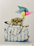Painting of Blue and White Striped Tote Bag with a Teddy Bear and Pinwheel Painted in Acrylic on Stretched Canvas roslynmary art.