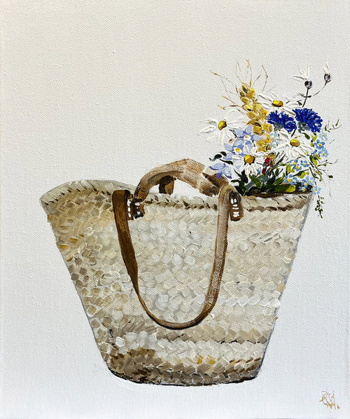 Painting of French Market Basket Painted in Acrylic on Canvas Board roslynmary art.