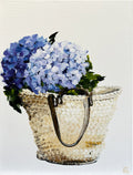 Painting of French Market Basket with Blue Hydrangeas Painted in Acrylic on Stretched Canvas roslynmary art.
