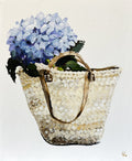 Painting of French Market Basket with Blue Hydrangea Painted in Acrylic on Canvas Board roslynmary art.