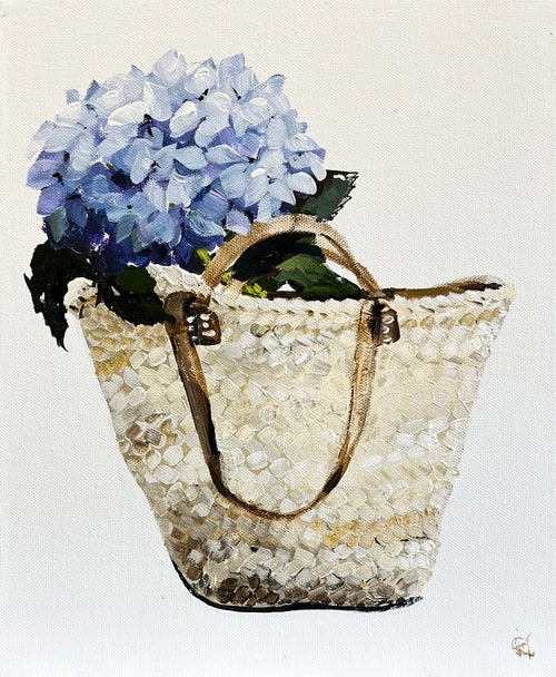 Painting of French Market Basket with Blue Hydrangea Painted in Acrylic on Canvas Board roslynmary art.