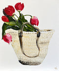 Painting of French Market Basket with Red Tulips Painted in Acrylic on Canvas Board roslynmary art.