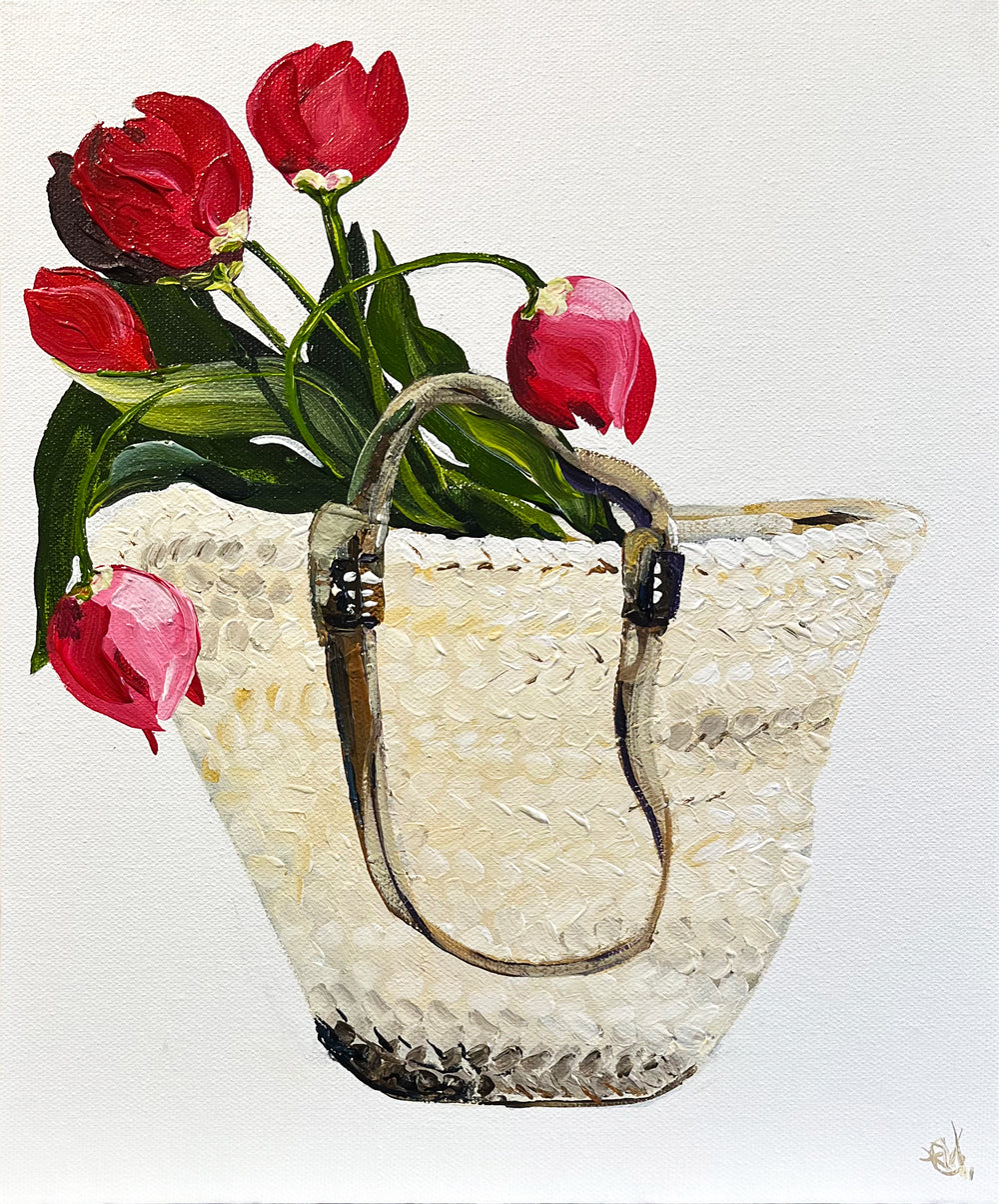 Painting of French Market Basket with Red Tulips Painted in Acrylic on Canvas Board roslynmary art.