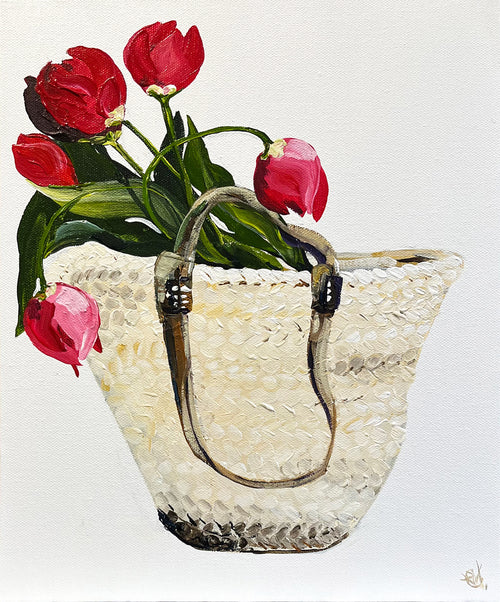 Painting of French Market Basket with Red Tulips Painted in Acrylic on Canvas Board roslynmary art.