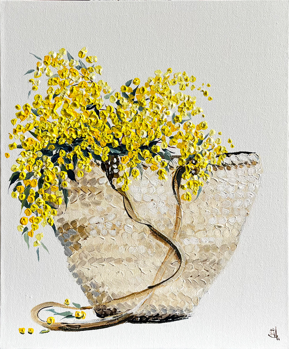 Painting of French Market Basket with Golden Wattle Painted in Acrylic on Canvas Board roslynmary art.