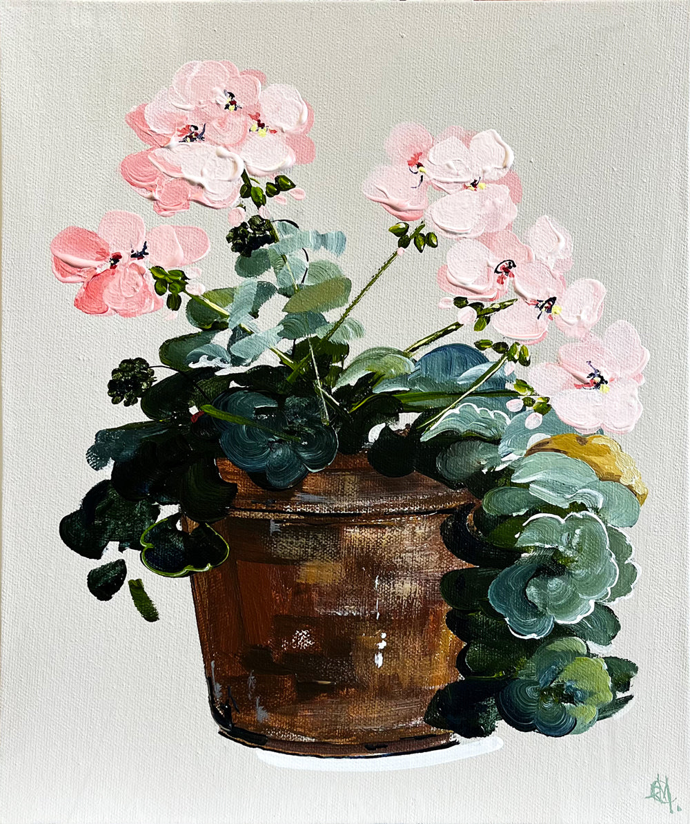 Painting of Pink Geraniums in Terracotta Pot Painted in Acrylic on Canvas Board roslynmary art.