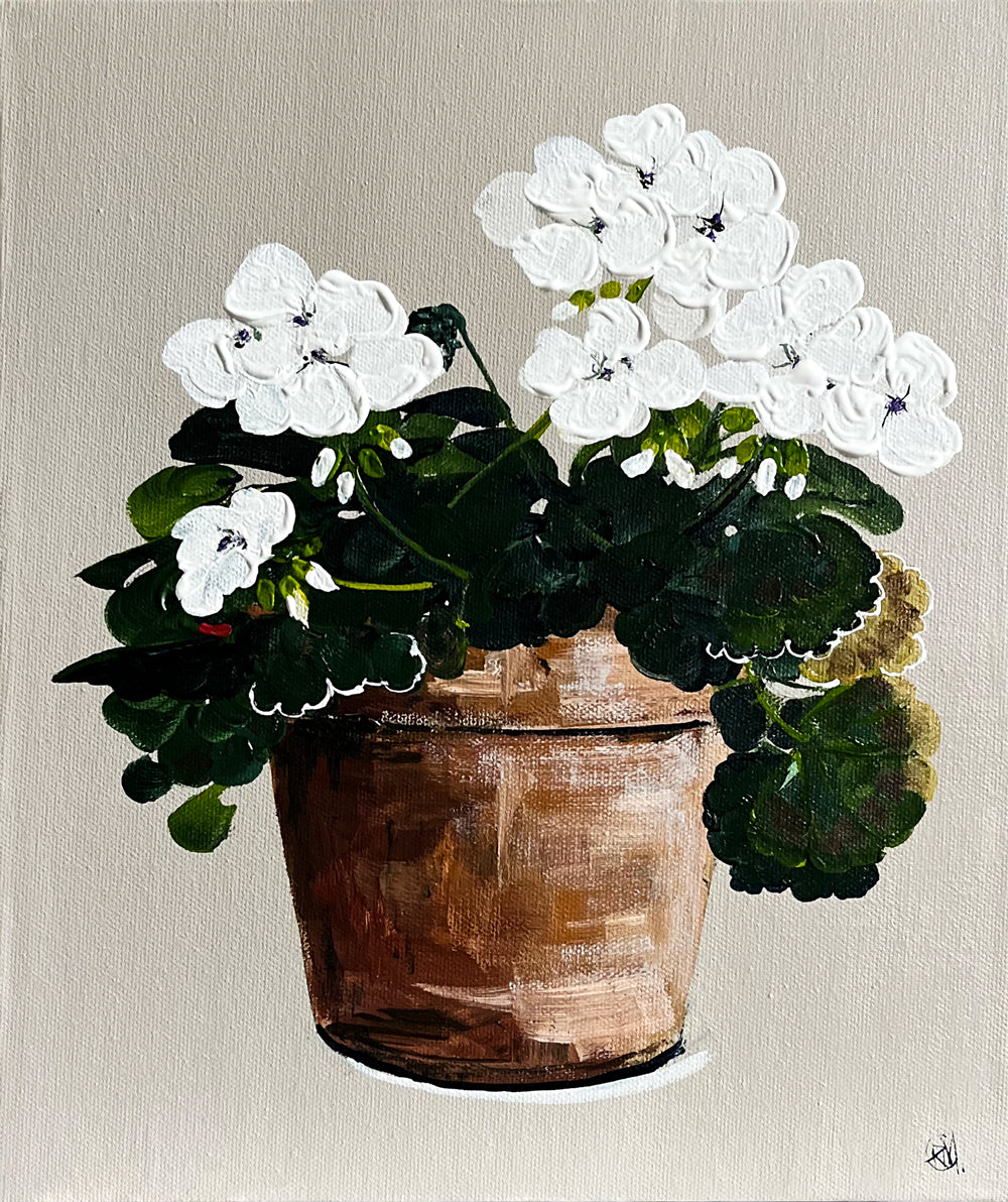 Painting White Geraniums Terracotta Pot Painted in Acrylic on Canvas Board roslynmary art.