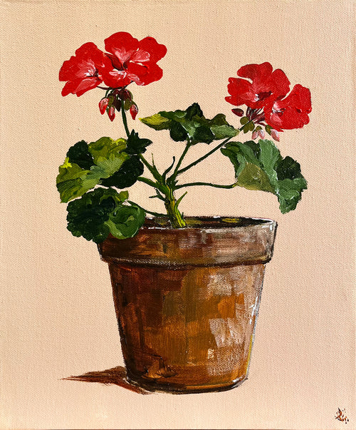 Painting of Red Geraniums in Terracotta Pot Painted in Acrylic on Canvas Board roslynmary art.
