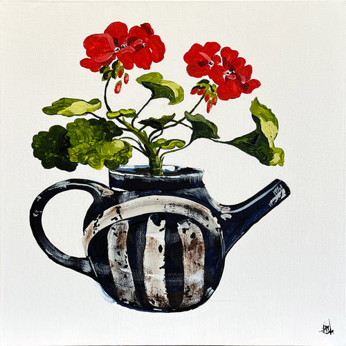 Painting of Red Geraniums in Navy Teapot Painted in Acrylic on Canvas Board roslynmary art.
