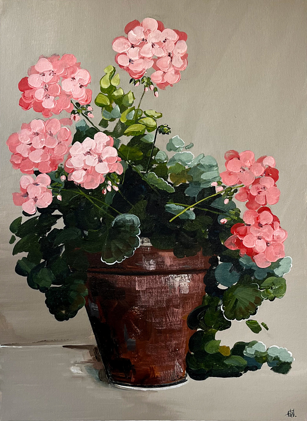 Painting of Pink Geraniums in Terracotta Pot Painted in Acrylic on Cotton Canvas roslynmary art.