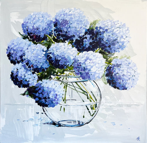 Painting of Blue Hydrangea in Round Glass Vase Painted in Acrylic on Stretched Canvas roslynmary art.