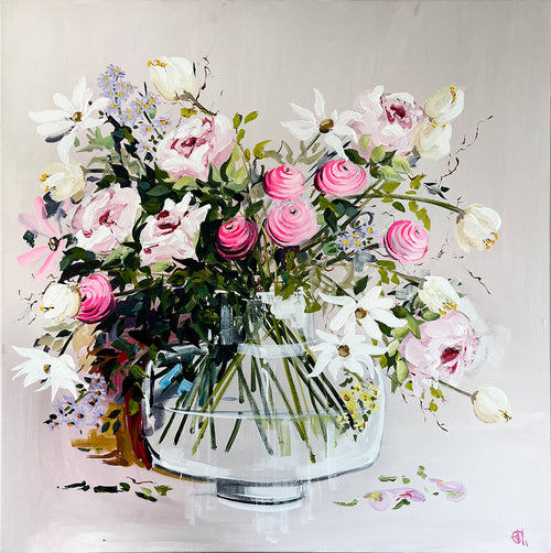 Painting of Mixed Flowers in Glass Vase Painted in Acrylic on Stretched Canvas roslynmary art.