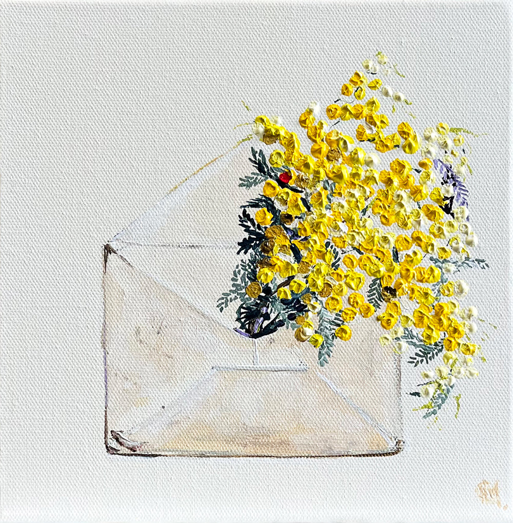 Painting of Golden Wattle in Envelope Painted in Acrylic on Canvas Board roslynmary art.