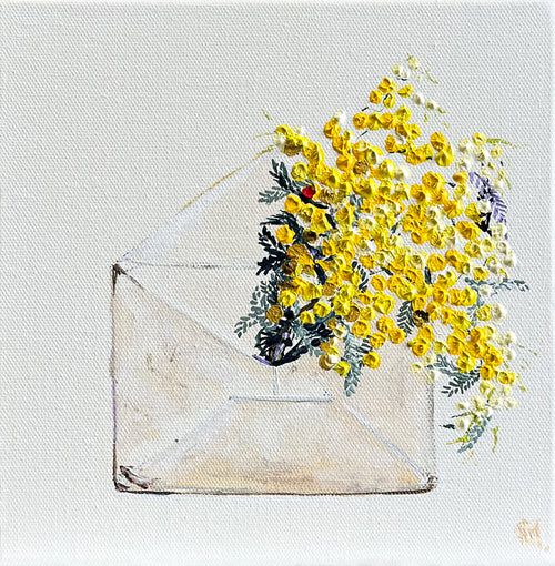 Painting of Golden Wattle in Envelope Painted in Acrylic on Canvas Board roslynmary art.
