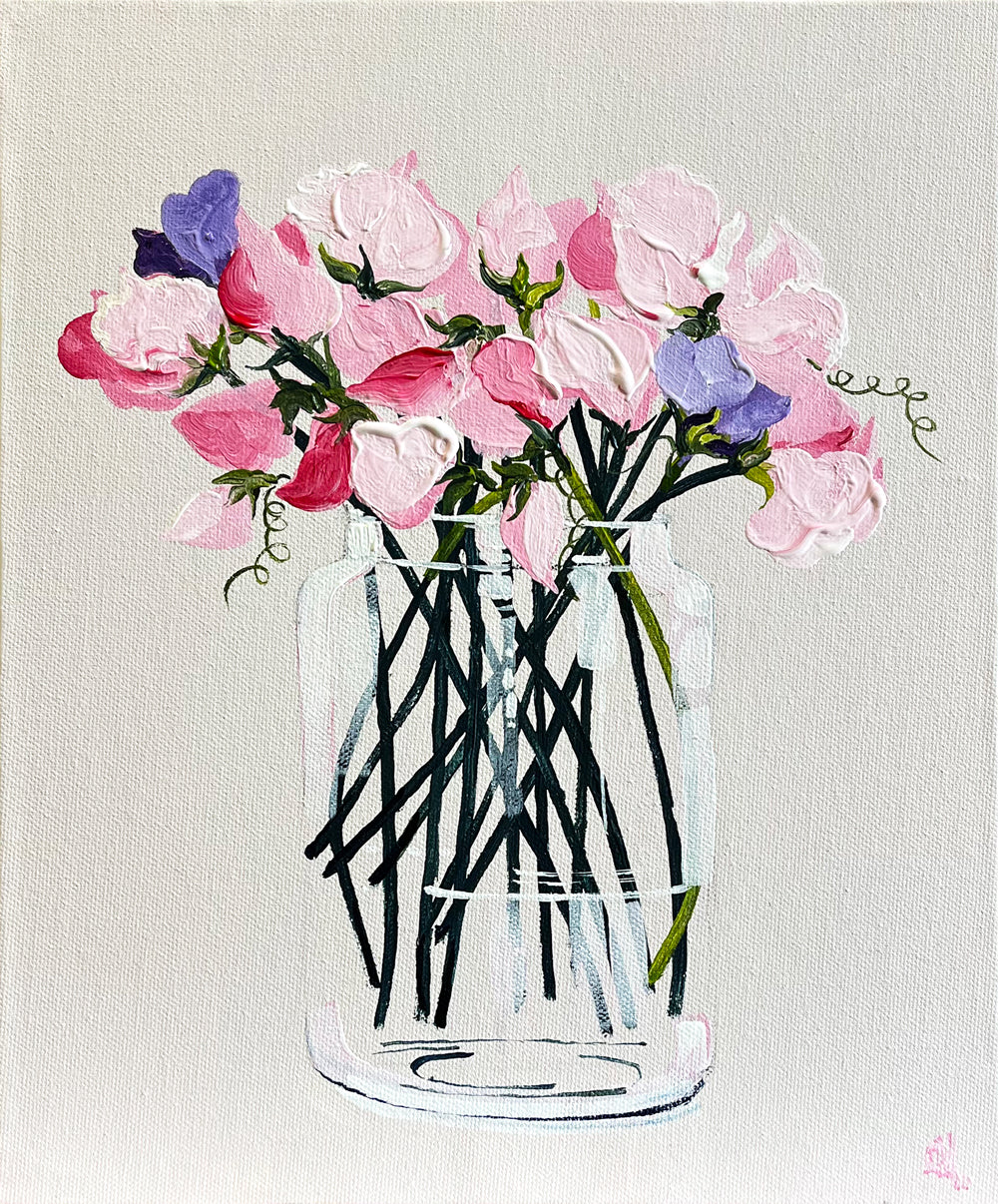 Painting of Sweet Peas in Glass Vase Painted in Acrylic on Canvas Board roslynmary art.