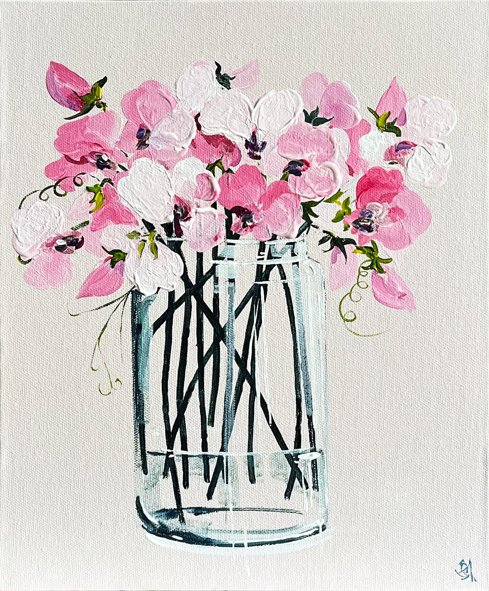 Painting of Sweet Peas in Glass Vase Painted in Acrylic on Canvas Board roslynmary art.
