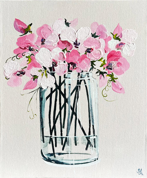 Painting of Sweet Peas in Glass Vase Painted in Acrylic on Canvas Board roslynmary art.