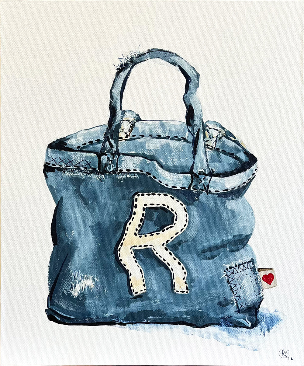 Painting of Blue Denim Monogramed Tote Bag Painted in Acrylic on Canvas Board roslynmary art.