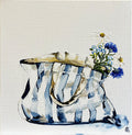 Painting of Blue and White Striped Tote Bag Painted in Acrylic on Stretched Canvas roslynmary art.
