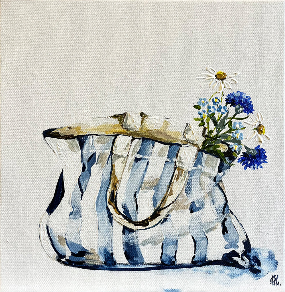 Painting of Blue and White Striped Tote Bag Painted in Acrylic on Stretched Canvas roslynmary art.