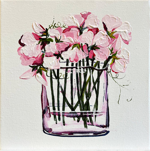 Painting of Sweet Peas in Glass Vase Painted in Acrylic on Stretched Canvas roslynmary art