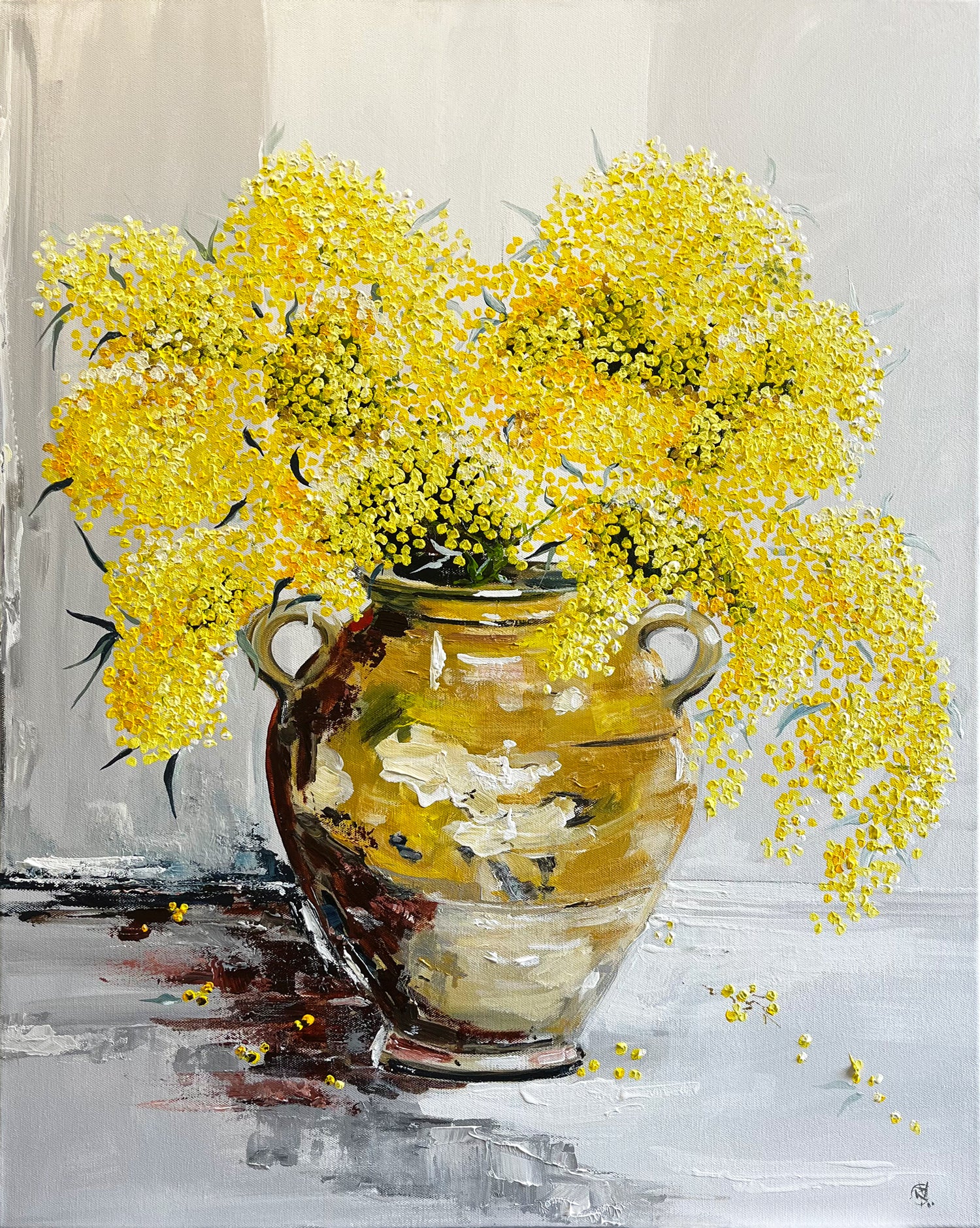Painting of Wattle in Ceramic Jar Painted in Acrylic on Stretched Canvas roslynmary art.