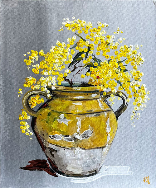 Painting of Wattle in Ceramic Jar Painted in Acrylic on Canvas Board roslynmary art.