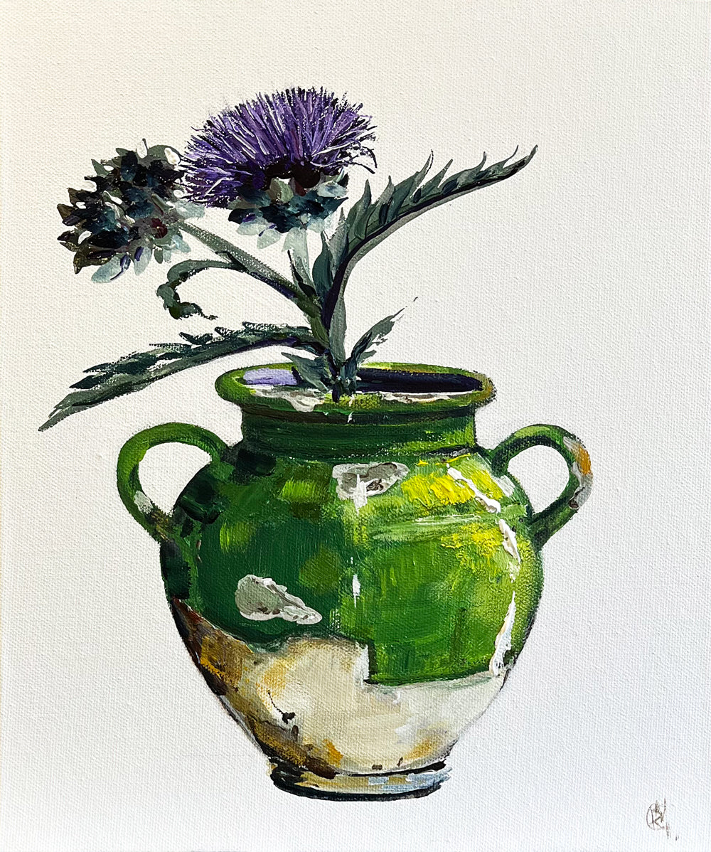 Painting of Purple Flower in Ceramic Jar Painted in Acrylic on Canvas Board roslynmary art.