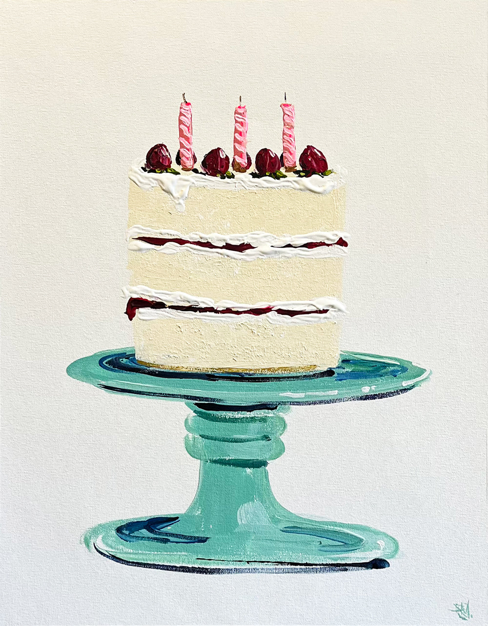 Painting of Cake on Stand Painted in Acrylic on Cotton Canvas roslynmary art.