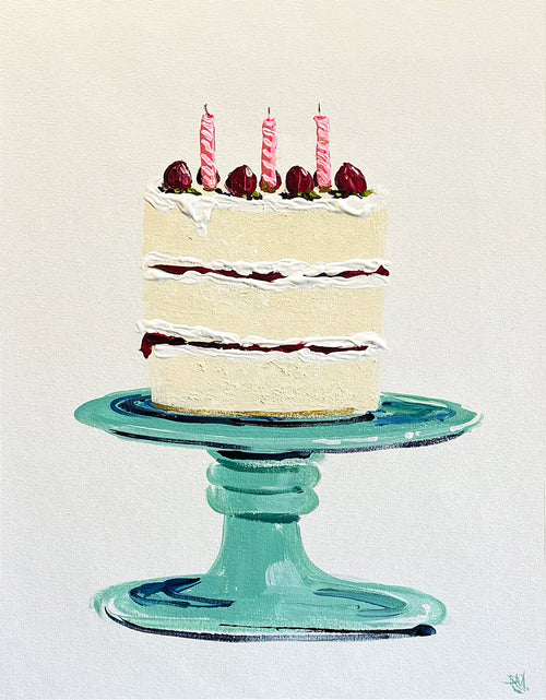 Painting of Cake on Stand Painted in Acrylic on Cotton Canvas roslynmary art.